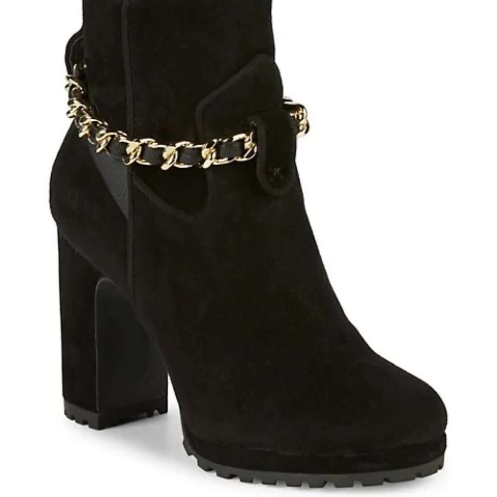 (SOLD) $89 Karl Lagerfeld Paris Lark Chain Suede Booties - Picture 1 of 6